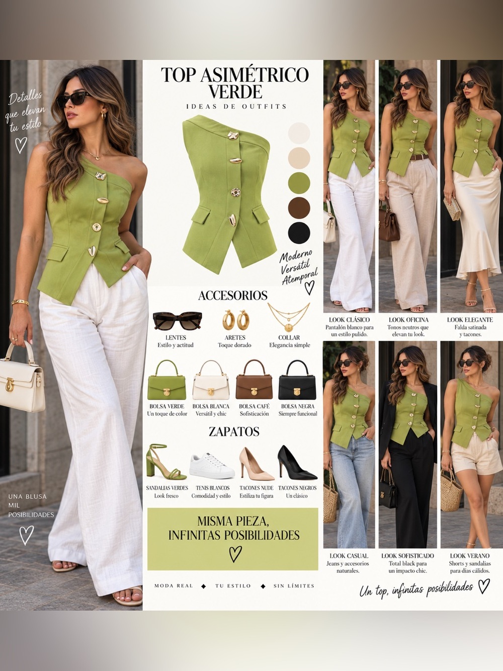 Asymmetric One-Shoulder Green Button-Front Top